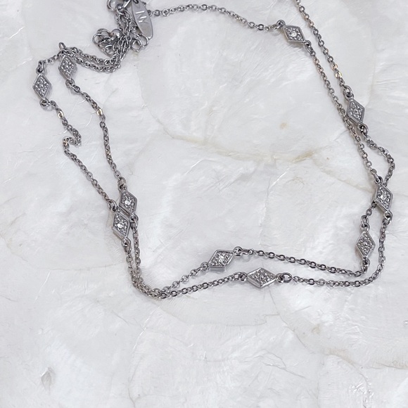 Art Deco Style NY Tag Silver Tone Diamond Shape CZ Double Chain Necklace 15.5” - Picture 2 of 10